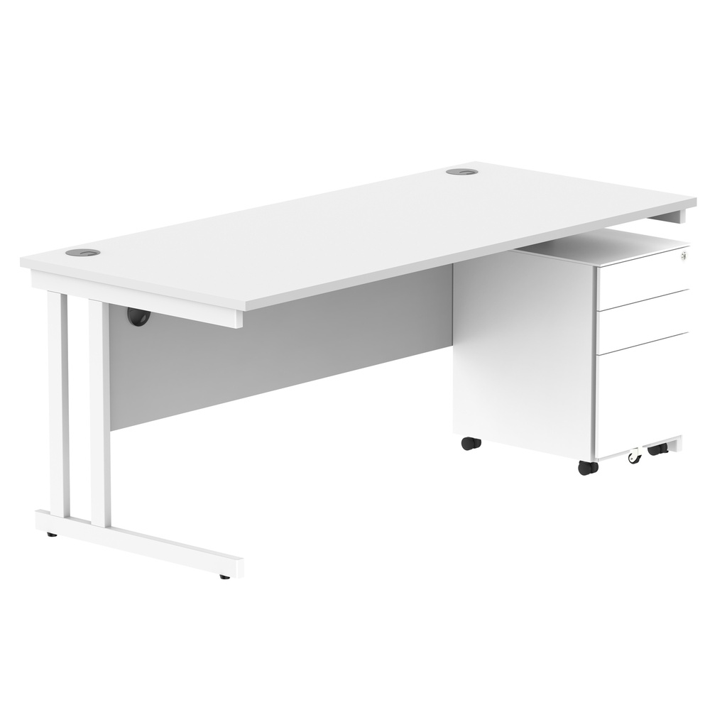 Double Upright Rectangular Desk + Under Desk Steel Pedestal 3 Drawers (FSC) | 1800X800 | Arctic White/White