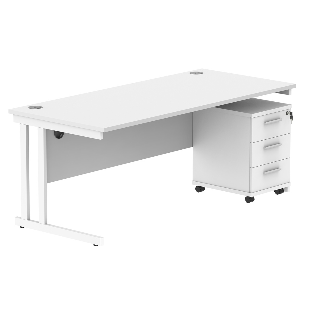 Double Upright Rectangular Desk + 3 Drawer Mobile Under Desk Pedestal (FSC) | 1800X800 | Arctic White/White