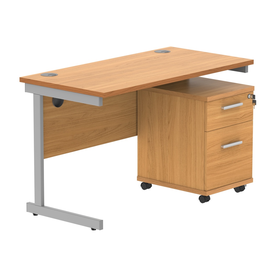 Single Upright Rectangular Desk + 2 Drawer Mobile Under Desk Pedestal (FSC) | 1200 X 600 | Norwegian Beech/Silver