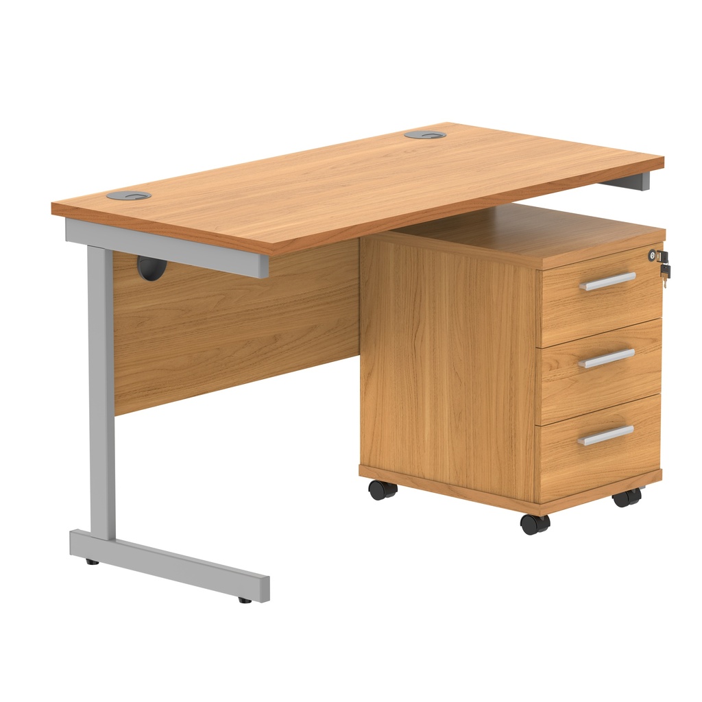 Single Upright Rectangular Desk + 3 Drawer Mobile Under Desk Pedestal (FSC) | 1200 X 600 | Norwegian Beech/Silver