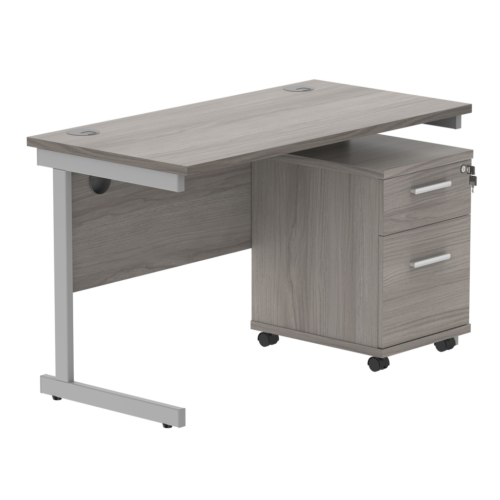 Single Upright Rectangular Desk + 2 Drawer Mobile Under Desk Pedestal (FSC) | 1200 X 600 | Alaskan Grey Oak/Silver