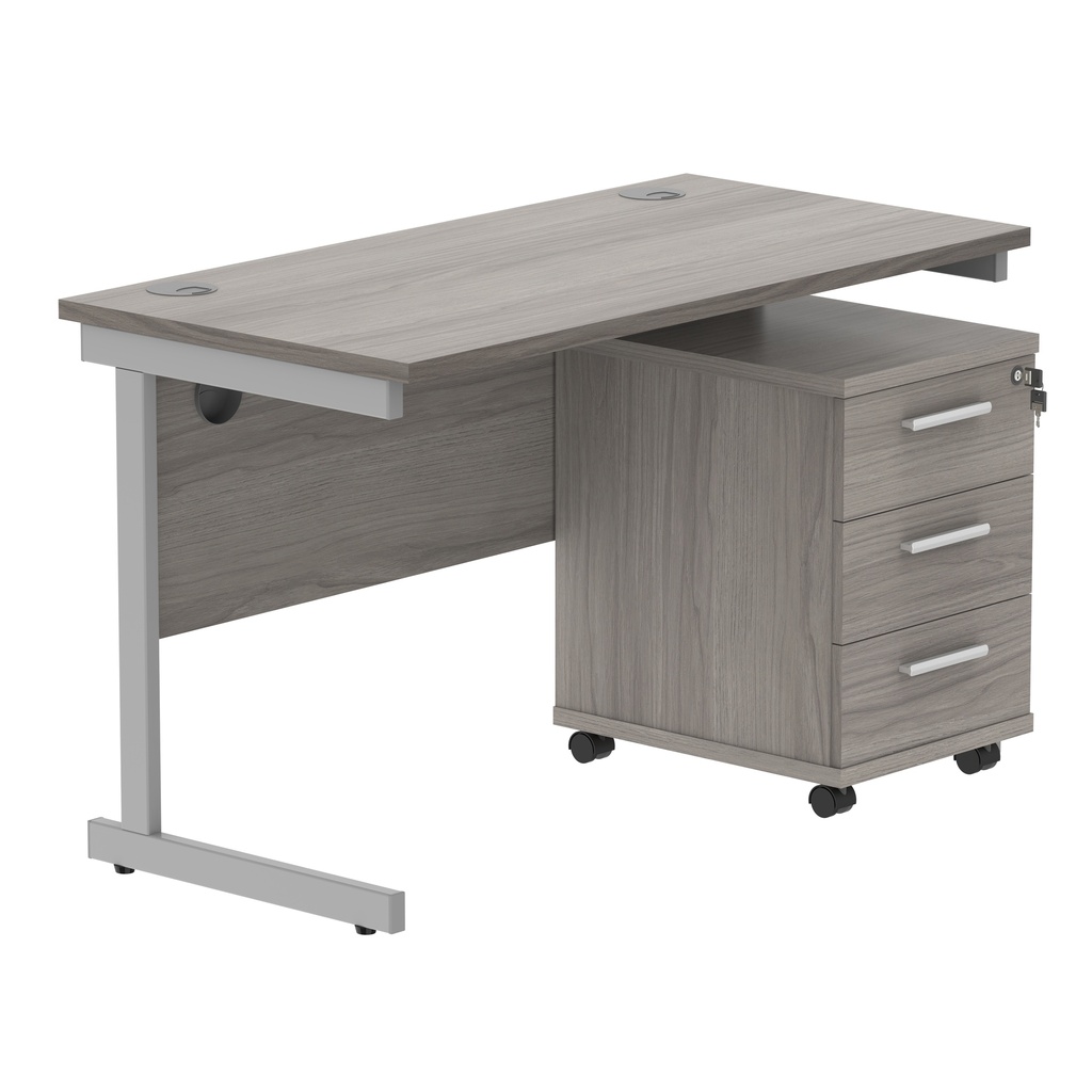 Single Upright Rectangular Desk + 3 Drawer Mobile Under Desk Pedestal (FSC) | 1200 X 600 | Alaskan Grey Oak/Silver