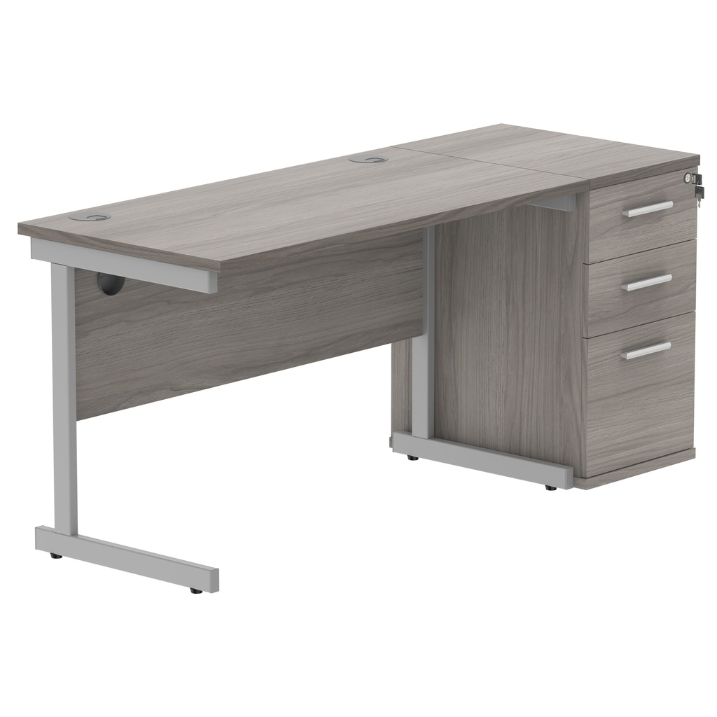 Single Upright Rectangular Desk + Desk High Pedestal (FSC) | 1200 X 600 | Alaskan Grey Oak/Silver