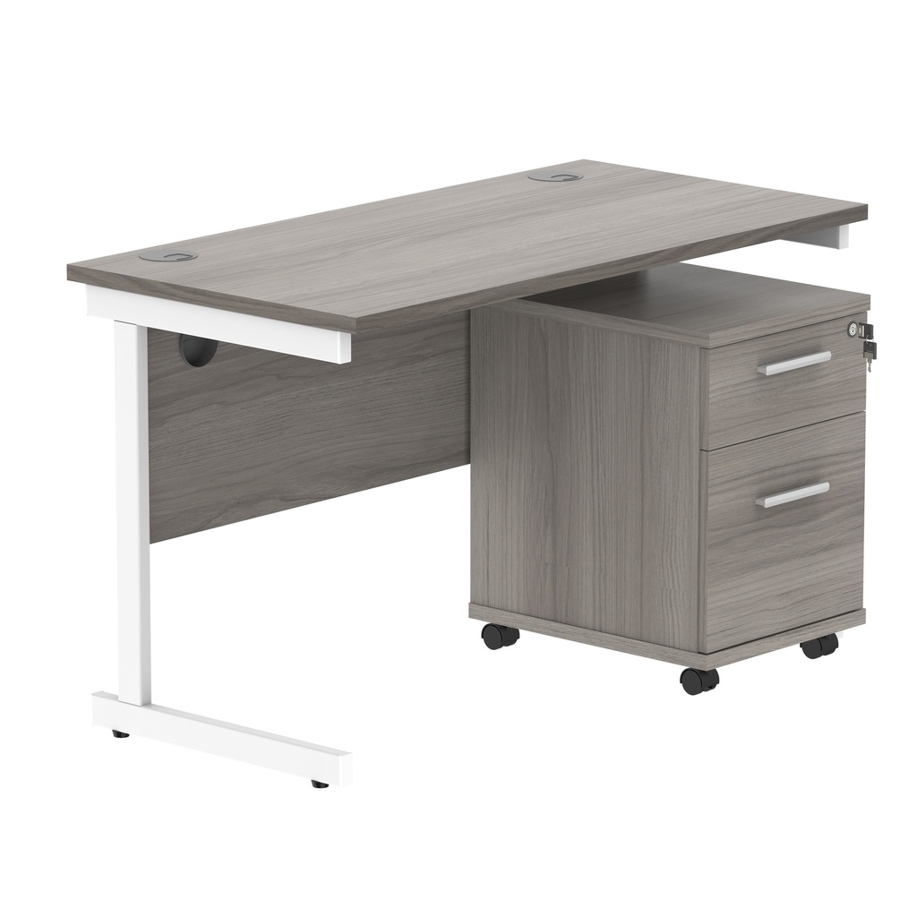 Single Upright Rectangular Desk + 2 Drawer Mobile Under Desk Pedestal (FSC) | 1200 X 600 | Alaskan Grey Oak/White
