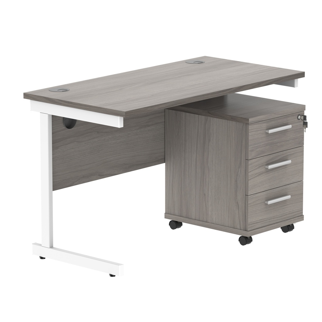 Single Upright Rectangular Desk + 3 Drawer Mobile Under Desk Pedestal (FSC) | 1200 X 600 | Alaskan Grey Oak/White