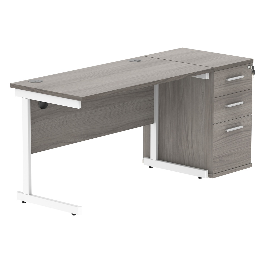 Single Upright Rectangular Desk + Desk High Pedestal (FSC) | 1200 X 600 | Alaskan Grey Oak/White