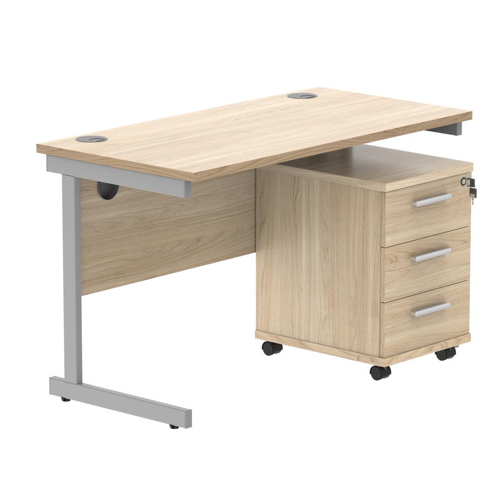 Single Upright Rectangular Desk + 3 Drawer Mobile Under Desk Pedestal (FSC) | 1200 X 600 | Canadian Oak/Silver