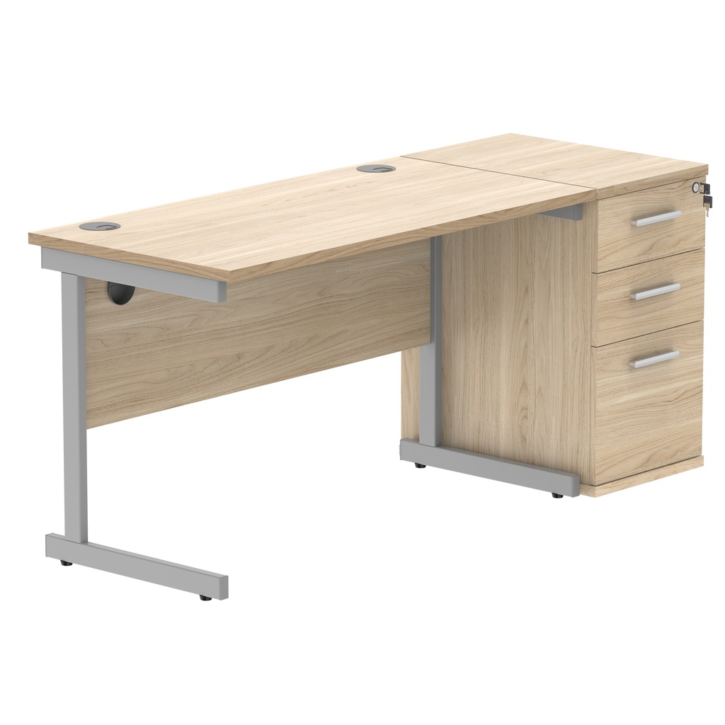 Single Upright Rectangular Desk + Desk High Pedestal (FSC) | 1200 X 600 | Canadian Oak/Silver