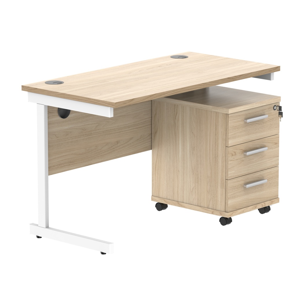 Single Upright Rectangular Desk + 3 Drawer Mobile Under Desk Pedestal (FSC) | 1200 X 600 | Canadian Oak/White
