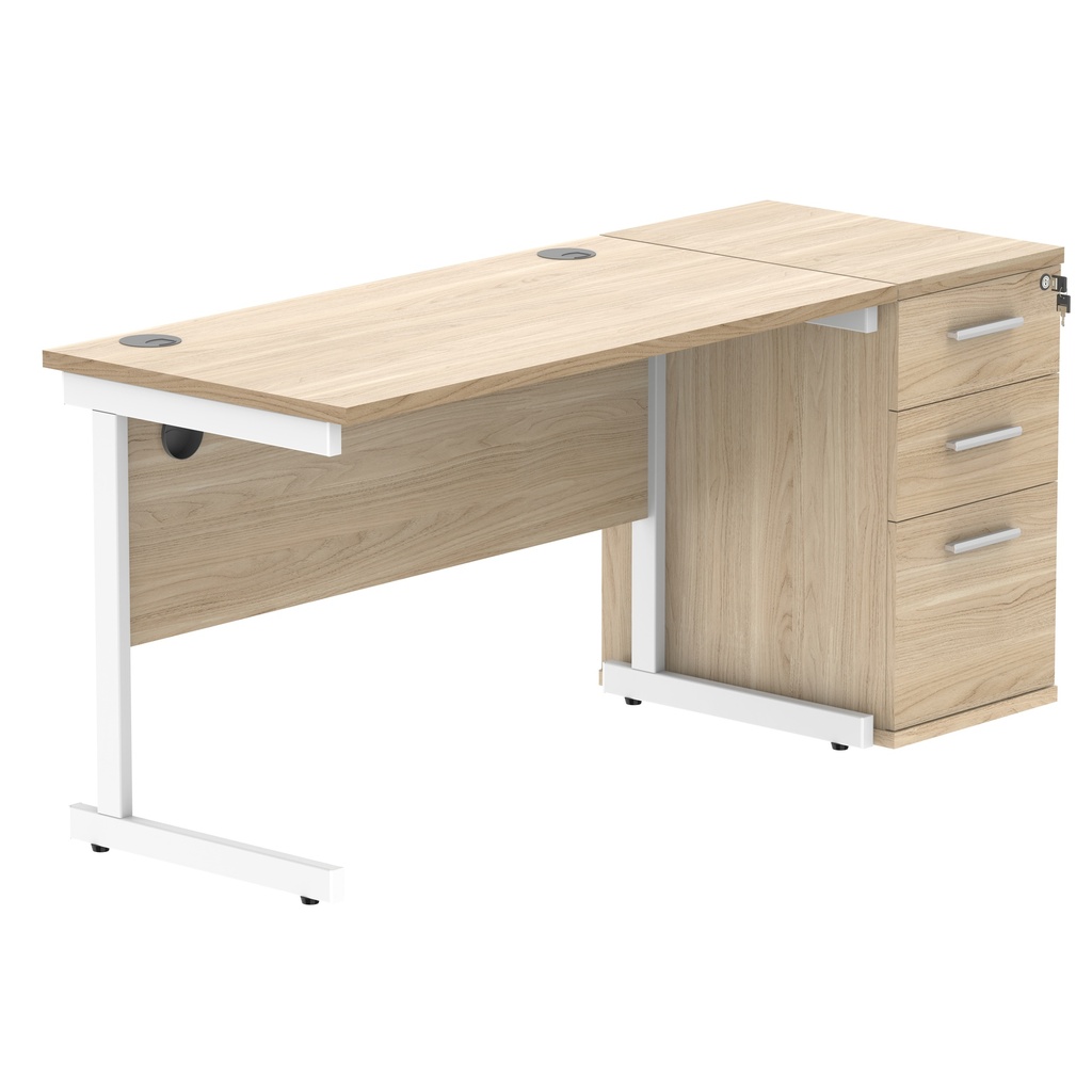 Single Upright Rectangular Desk + Desk High Pedestal (FSC) | 1200 X 600 | Canadian Oak/White