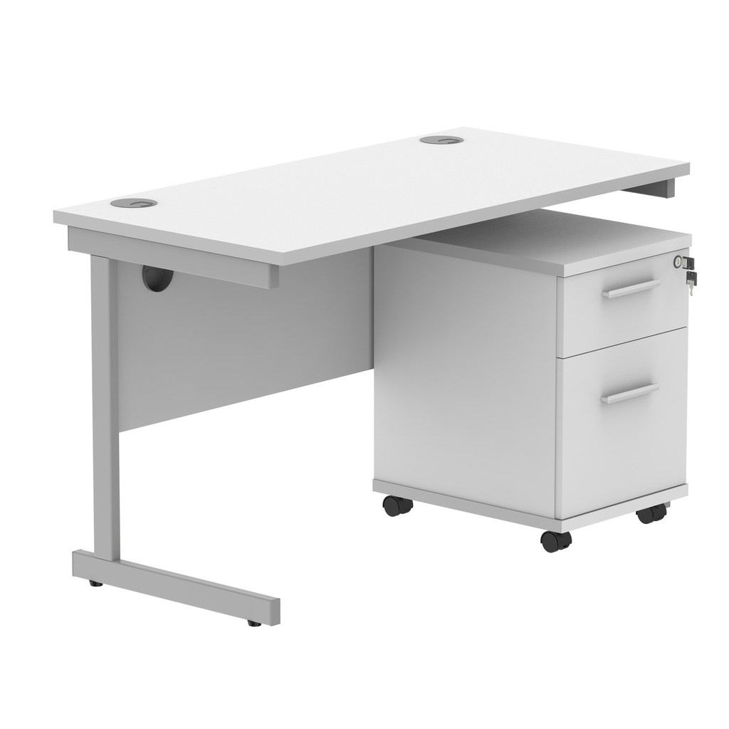 Single Upright Rectangular Desk + 2 Drawer Mobile Under Desk Pedestal (FSC) | 1200 X 600 | Arctic White/Silver