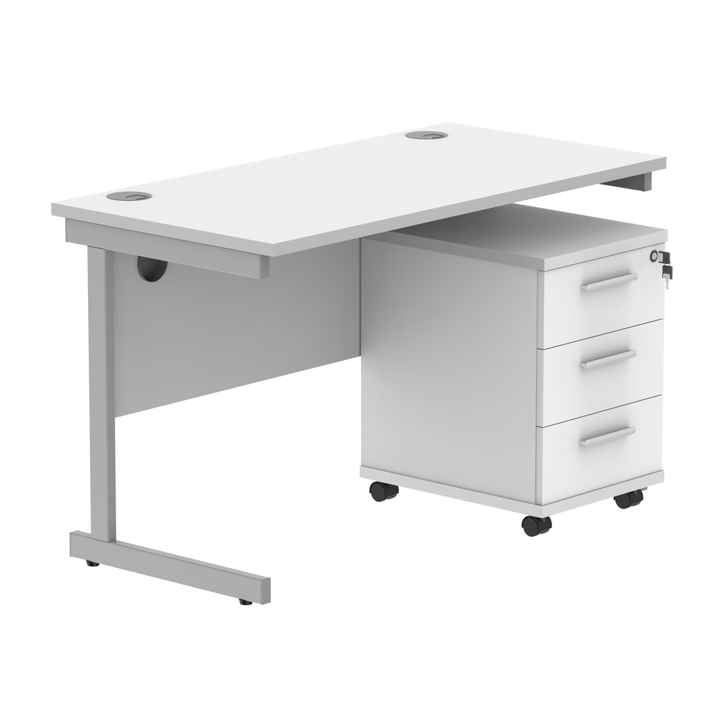 Single Upright Rectangular Desk + 3 Drawer Mobile Under Desk Pedestal (FSC) | 1200 X 600 | Arctic White/Silver
