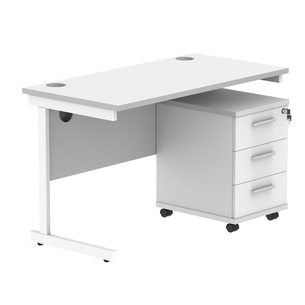Single Upright Rectangular Desk + 3 Drawer Mobile Under Desk Pedestal (FSC) | 1200 X 600 | Arctic White/White