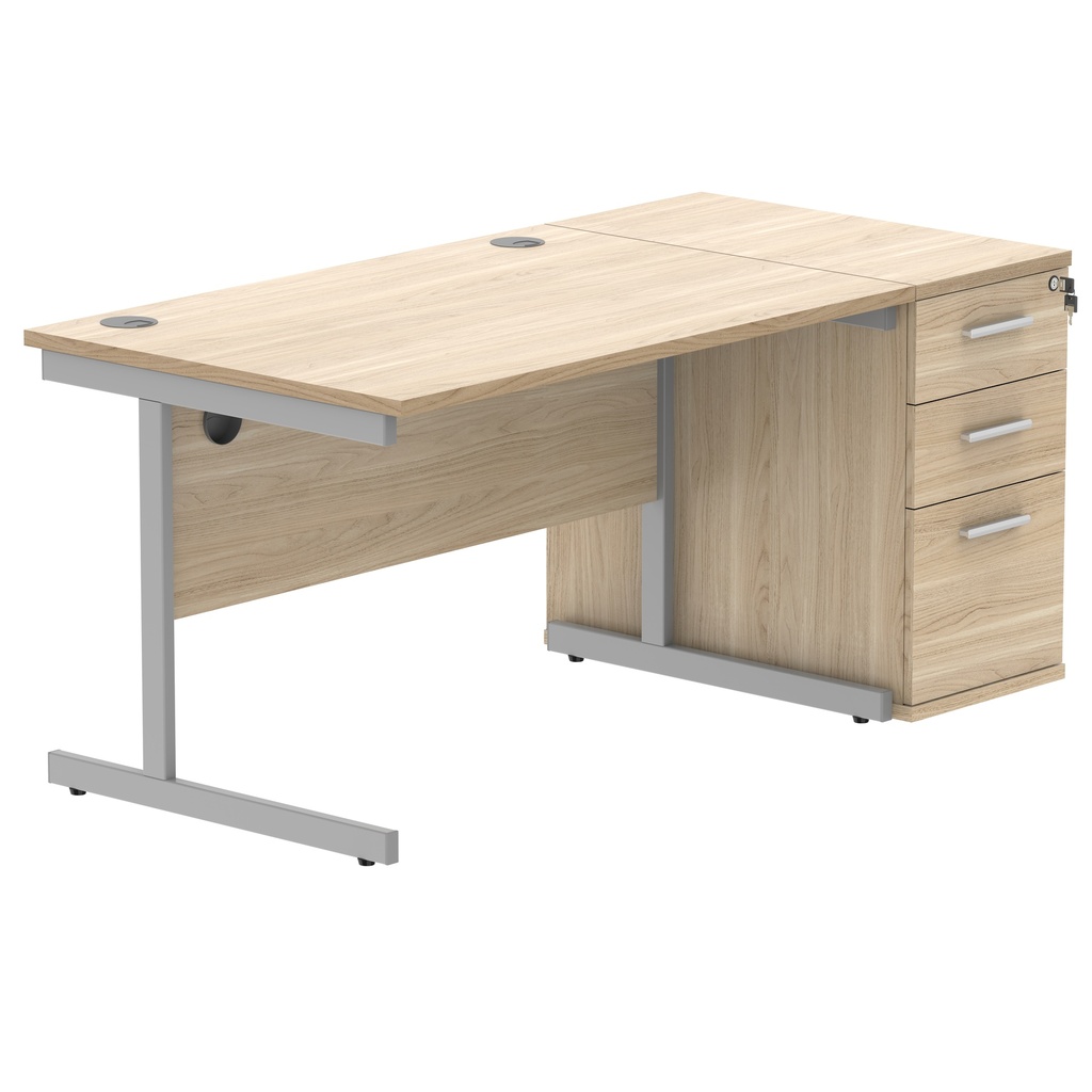 Single Upright Rectangular Desk + Desk High Pedestal (FSC) | 1200 X 800 | Canadian Oak/Silver