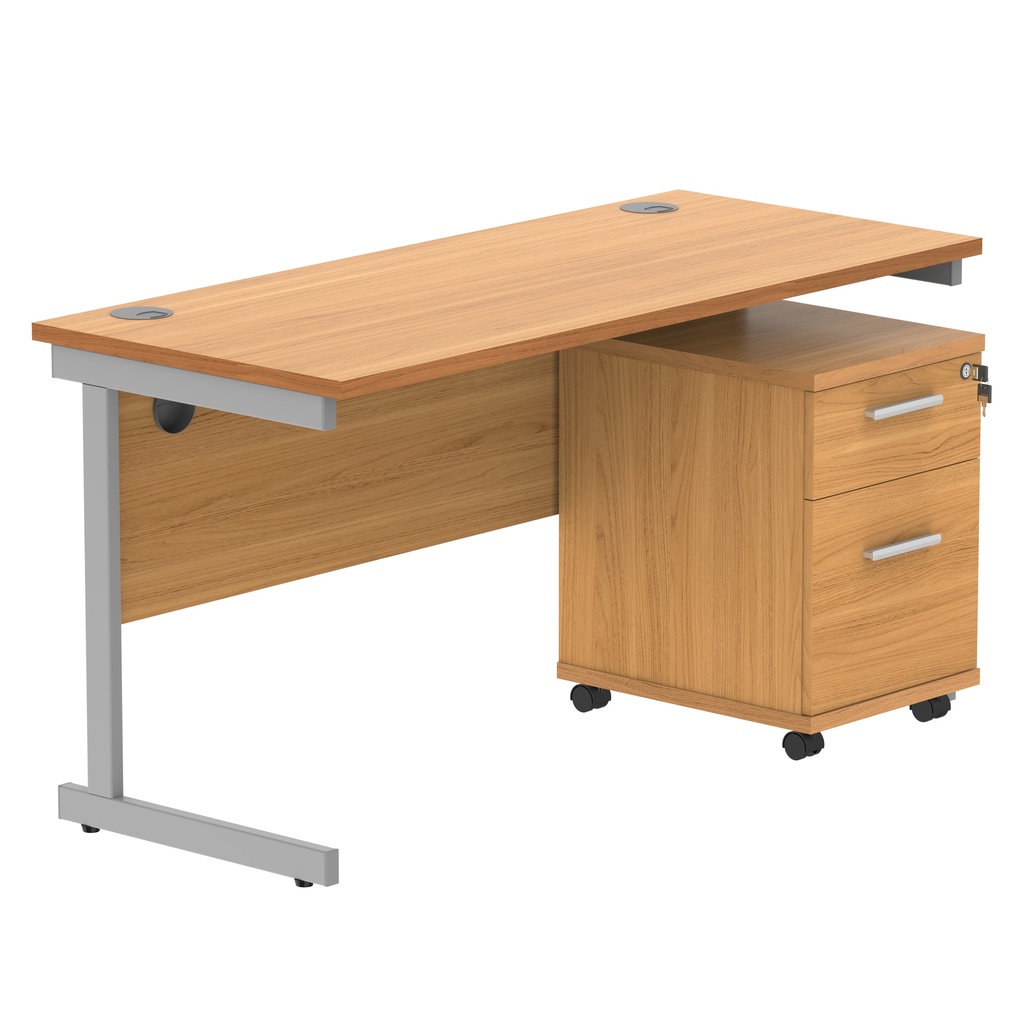 Single Upright Rectangular Desk + 2 Drawer Mobile Under Desk Pedestal (FSC) | 1400 X 600 | Norwegian Beech/Silver