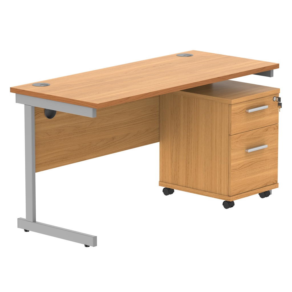 Single Upright Rectangular Desk + 2 Drawer Mobile Under Desk Pedestal (FSC) | 1400 X 600 | Norwegian Beech/Silver