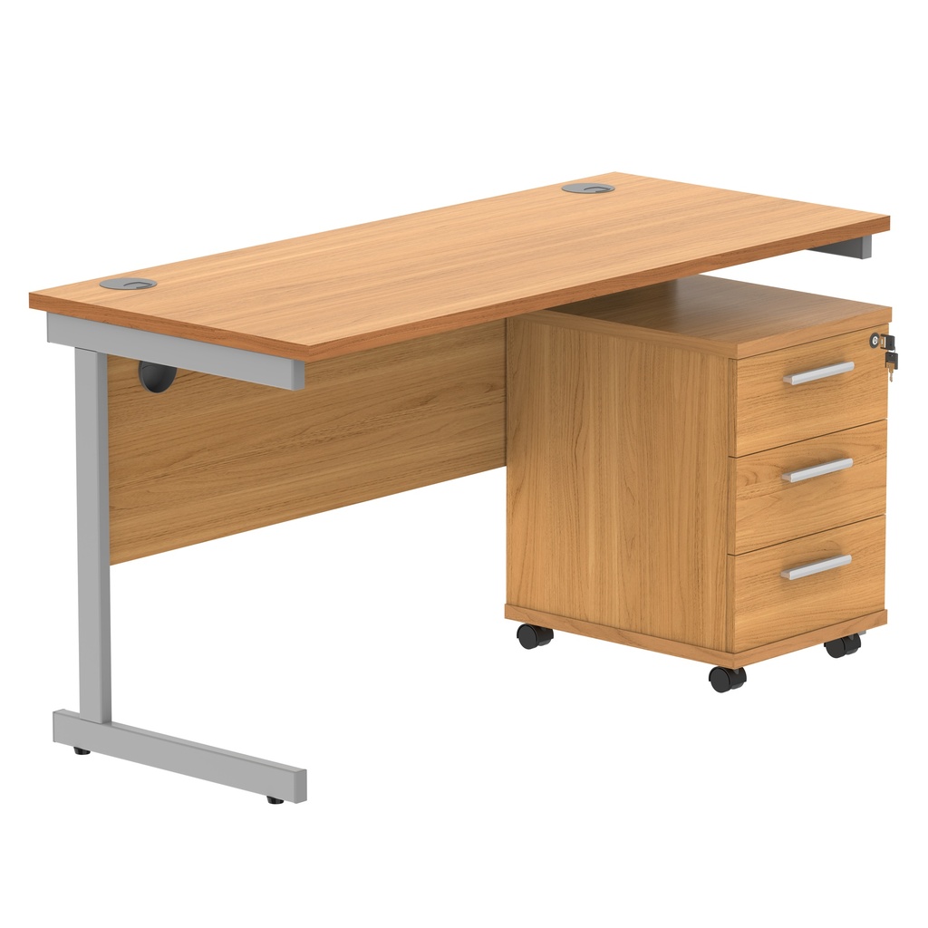 Single Upright Rectangular Desk + 3 Drawer Mobile Under Desk Pedestal (FSC) | 1400 X 600 | Norwegian Beech/Silver