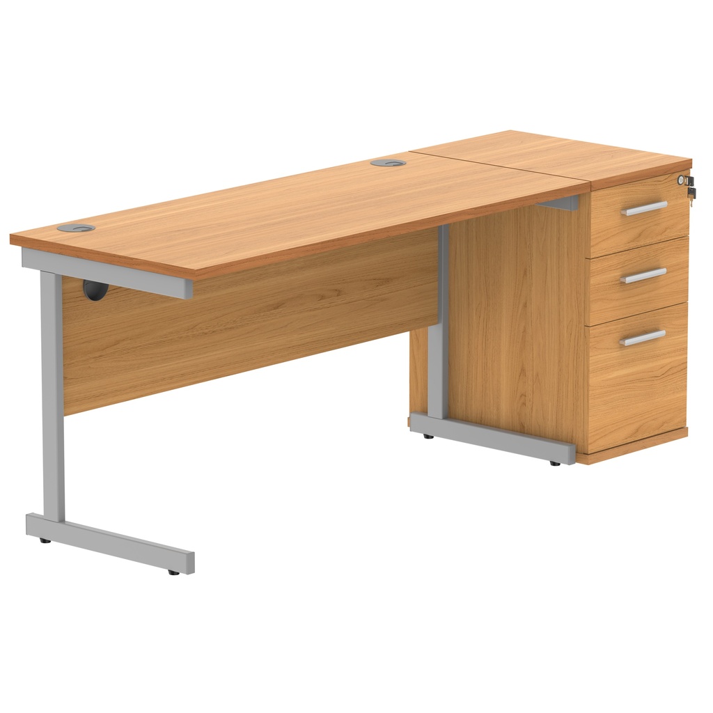 Single Upright Rectangular Desk + Desk High Pedestal (FSC) | 1400 X 600 | Norwegian Beech/Silver