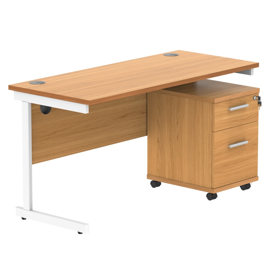 Single Upright Rectangular Desk + 2 Drawer Mobile Under Desk Pedestal (FSC) | 1400 X 600 | Norwegian Beech/White