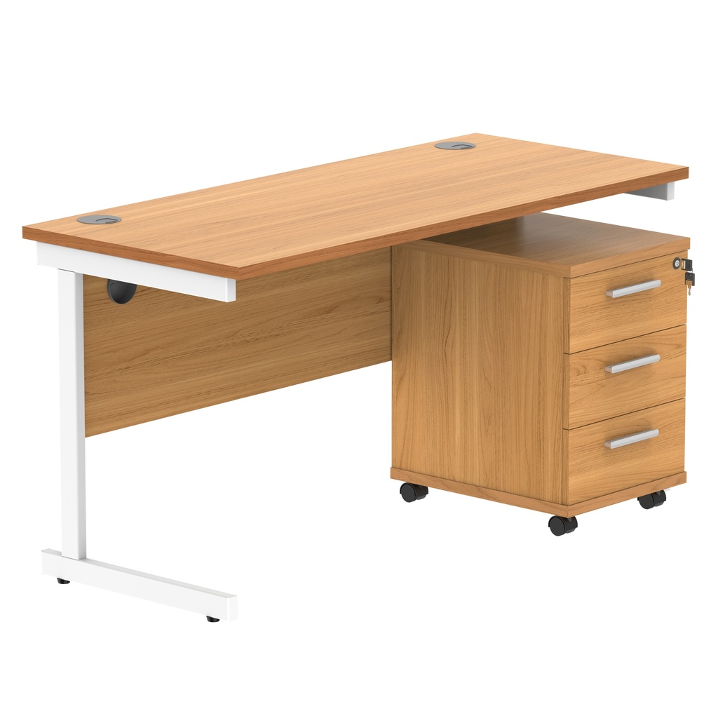 Single Upright Rectangular Desk + 3 Drawer Mobile Under Desk Pedestal (FSC) | 1400 X 600 | Norwegian Beech/White