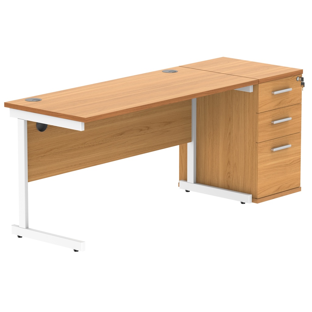 Single Upright Rectangular Desk + Desk High Pedestal (FSC) | 1400 X 600 | Norwegian Beech/White
