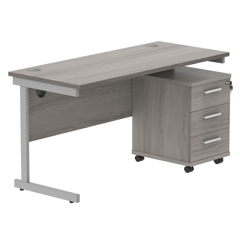 Single Upright Rectangular Desk + 3 Drawer Mobile Under Desk Pedestal (FSC) | 1400 X 600 | Alaskan Grey Oak/Silver