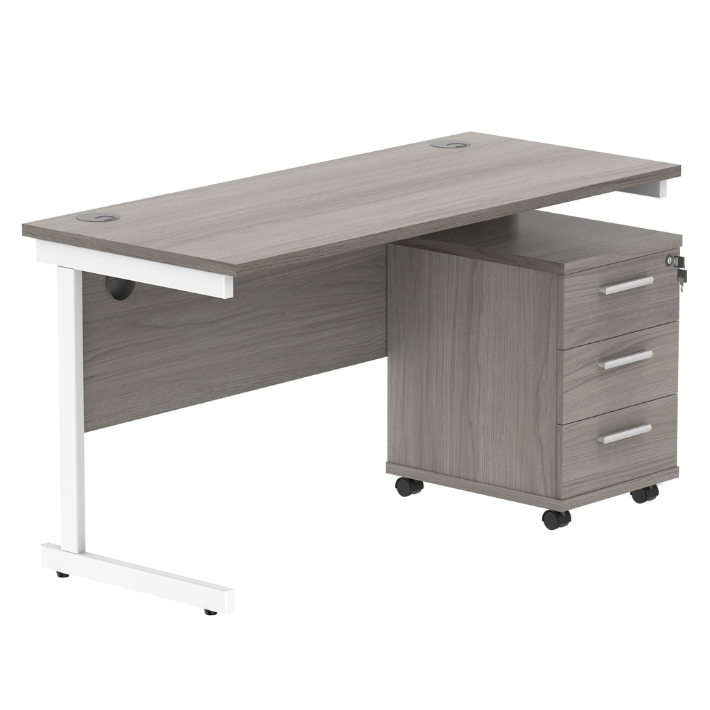 Single Upright Rectangular Desk + 3 Drawer Mobile Under Desk Pedestal (FSC) | 1400 X 600 | Alaskan Grey Oak/White