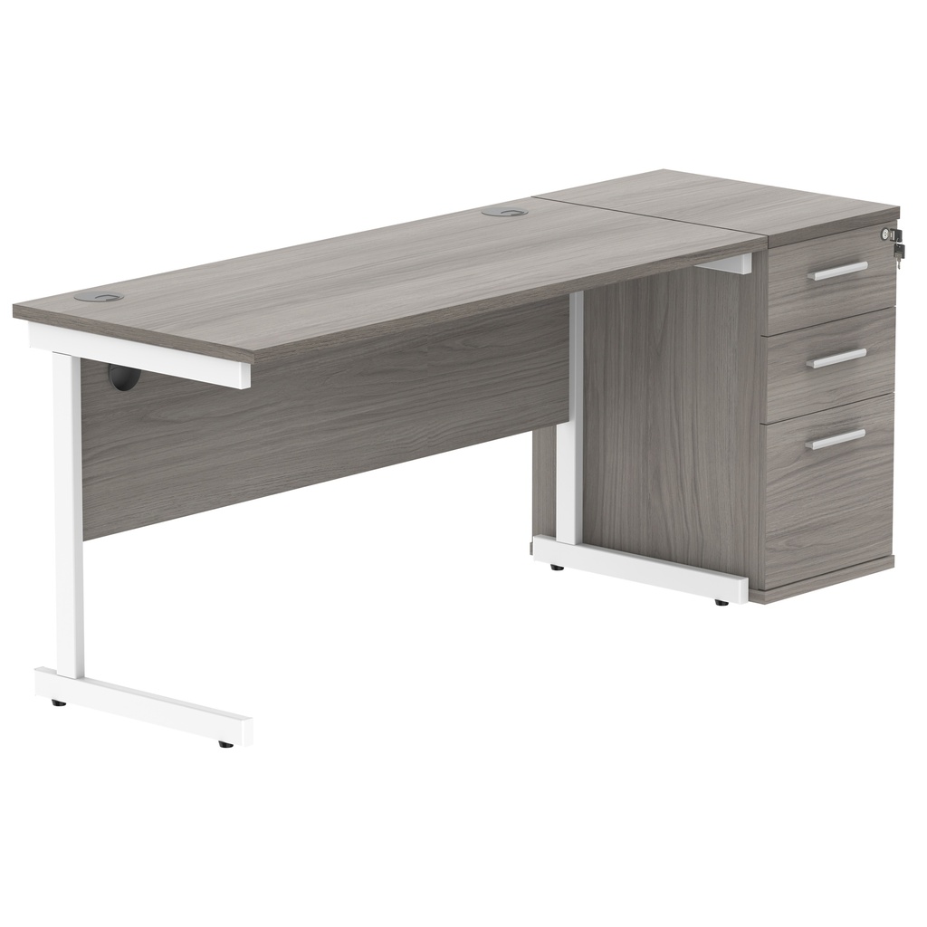 Single Upright Rectangular Desk + Desk High Pedestal (FSC) | 1400 X 600 | Alaskan Grey Oak/White