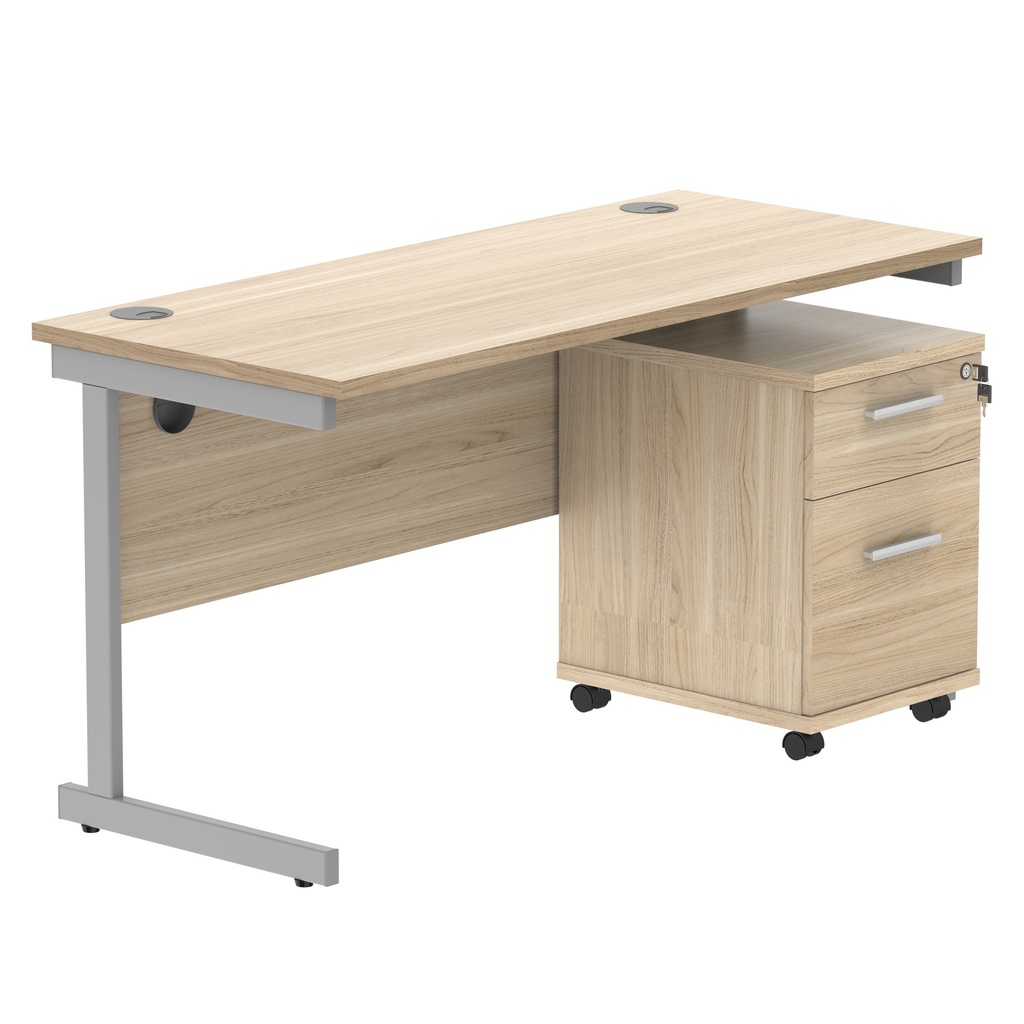 Single Upright Rectangular Desk + 2 Drawer Mobile Under Desk Pedestal (FSC) | 1400 X 600 | Canadian Oak/Silver