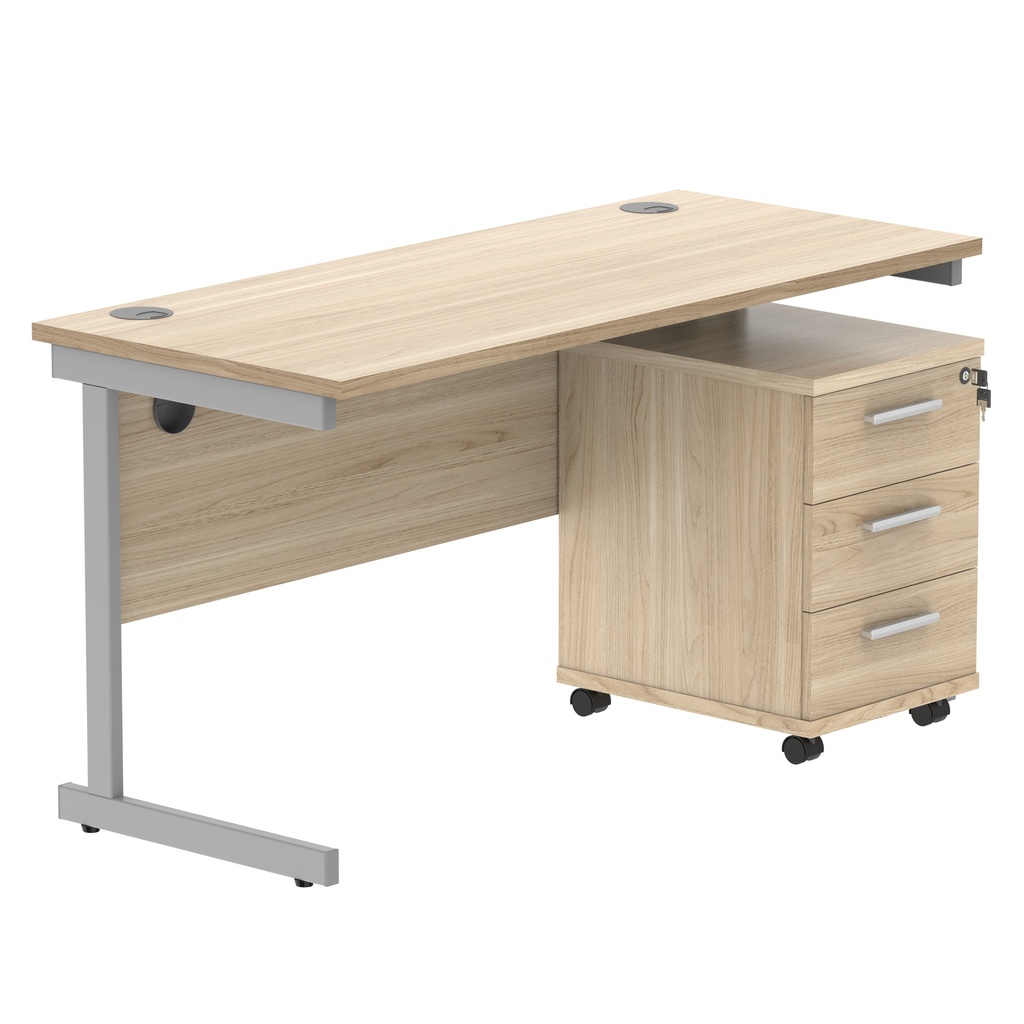 Single Upright Rectangular Desk + 3 Drawer Mobile Under Desk Pedestal (FSC) | 1400 X 600 | Canadian Oak/Silver
