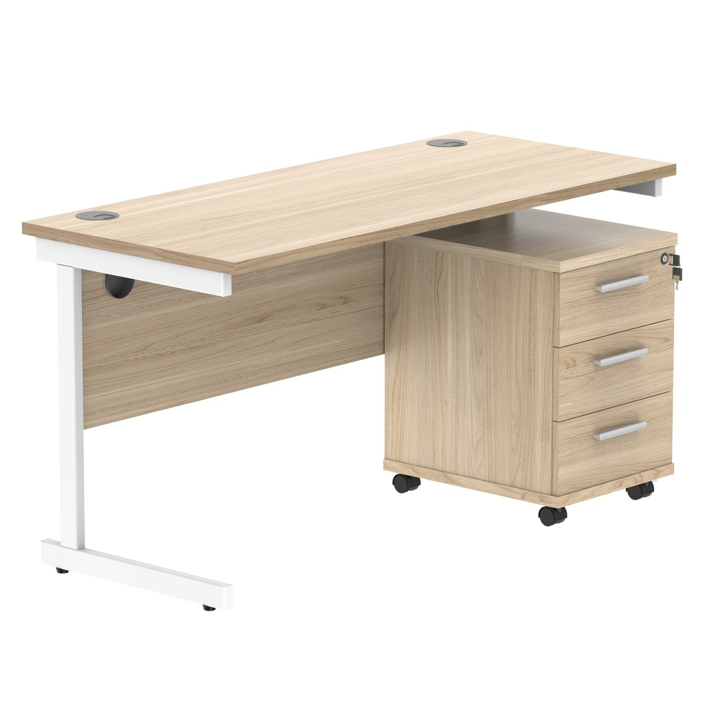 Single Upright Rectangular Desk + 3 Drawer Mobile Under Desk Pedestal (FSC) | 1400 X 600 | Canadian Oak/White