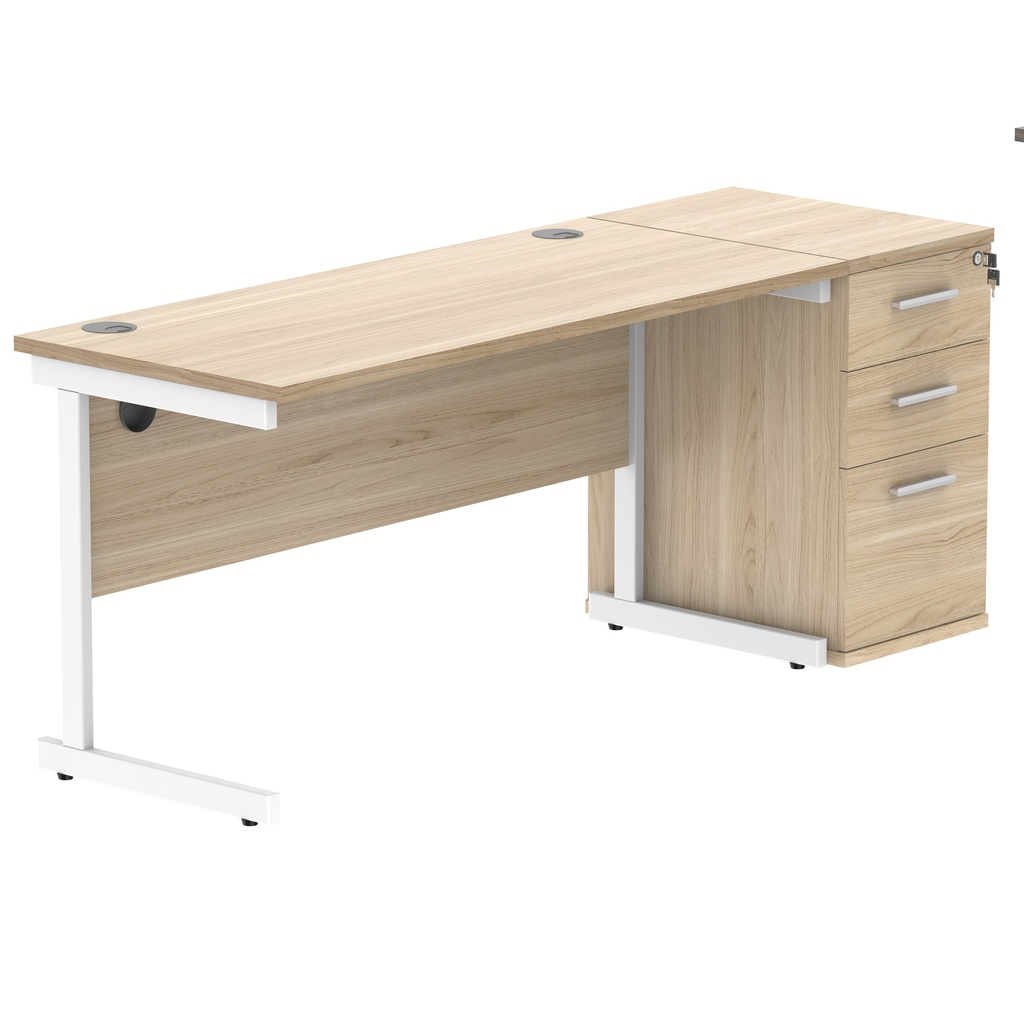 Single Upright Rectangular Desk + Desk High Pedestal (FSC) | 1400 X 600 | Canadian Oak/White
