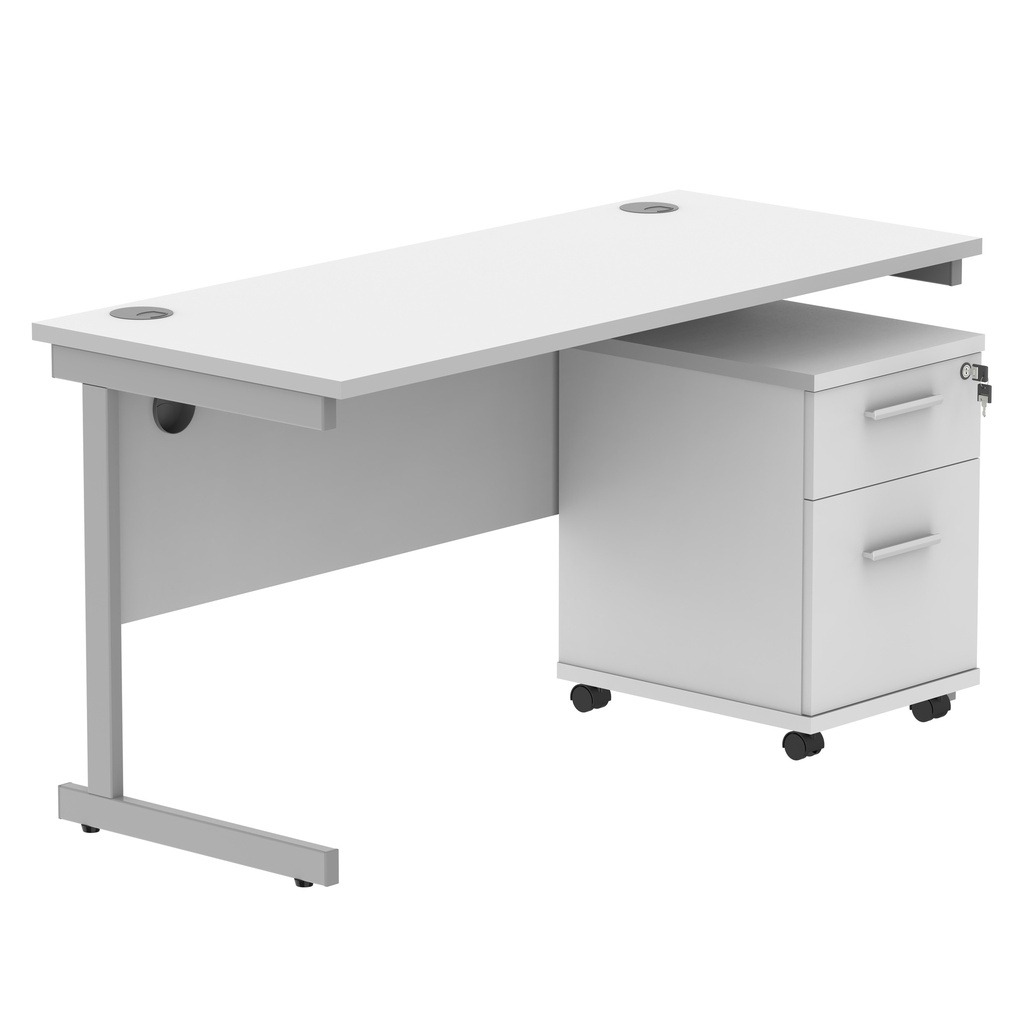 Single Upright Rectangular Desk + 2 Drawer Mobile Under Desk Pedestal (FSC) | 1400 X 600 | Arctic White/Silver