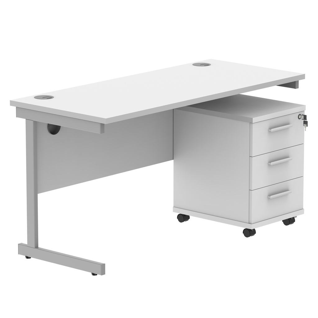 Single Upright Rectangular Desk + 3 Drawer Mobile Under Desk Pedestal (FSC) | 1400 X 600 | Arctic White/Silver