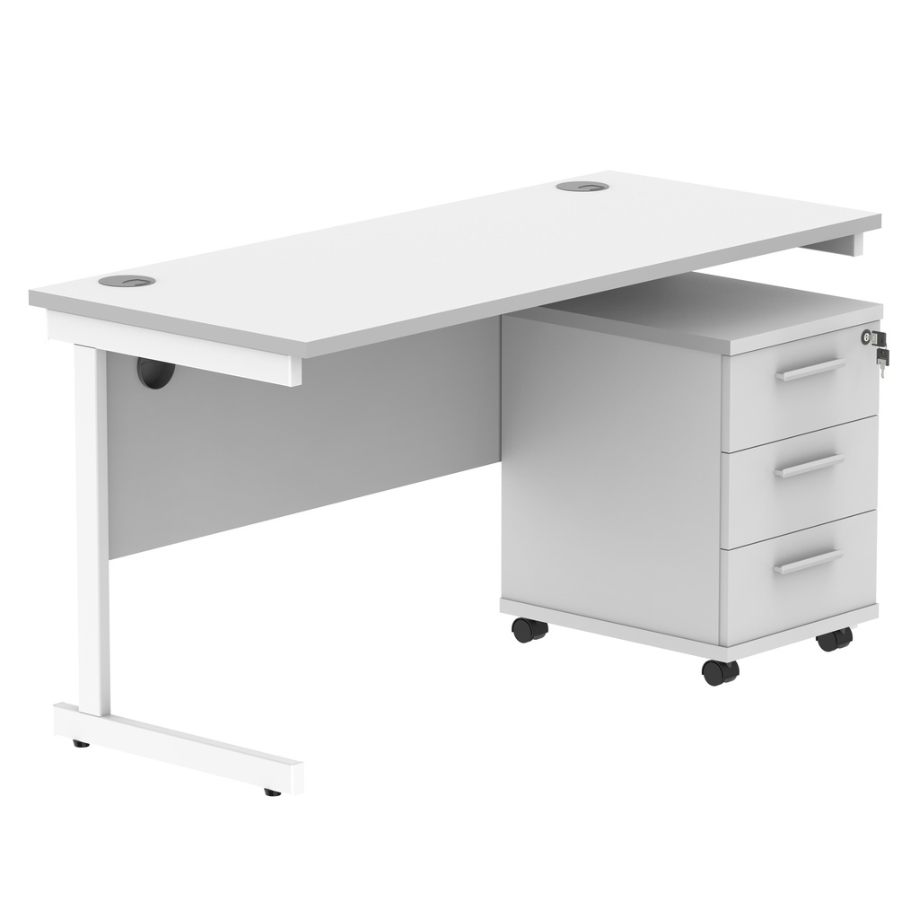 Single Upright Rectangular Desk + 3 Drawer Mobile Under Desk Pedestal (FSC) | 1400 X 600 | Arctic White/White