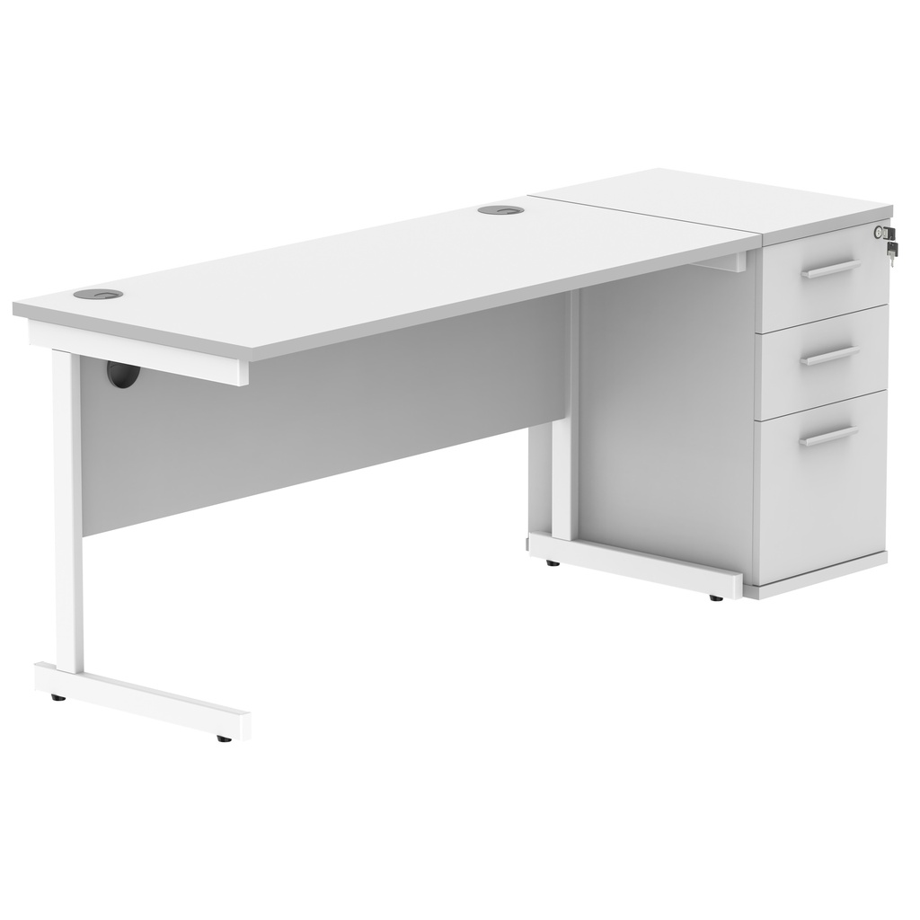 Single Upright Rectangular Desk + Desk High Pedestal (FSC) | 1400 X 600 | Arctic White/White