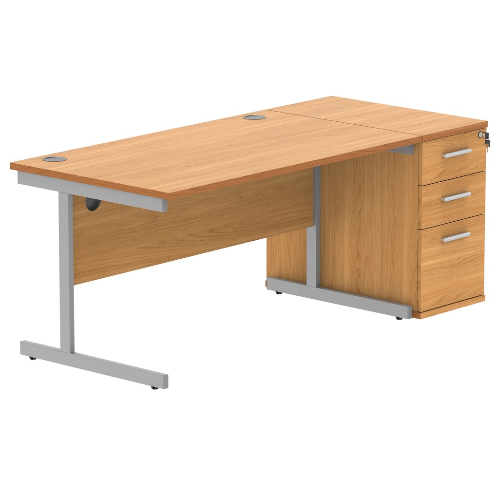 Single Upright Rectangular Desk + Desk High Pedestal (FSC) | 1400 X 800 | Norwegian Beech/Silver