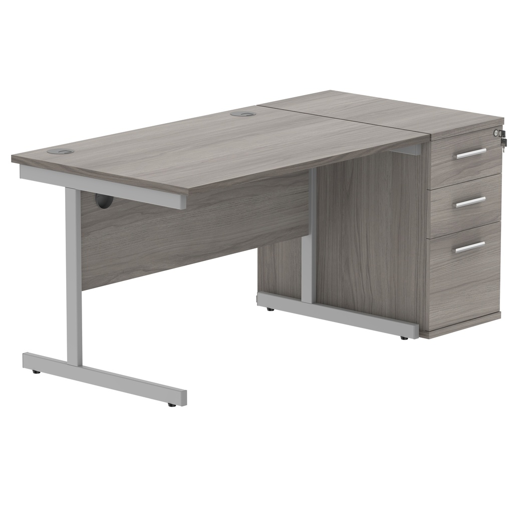 Single Upright Rectangular Desk + Desk High Pedestal (FSC) | 1400 X 800 | Alaskan Grey Oak/Silver