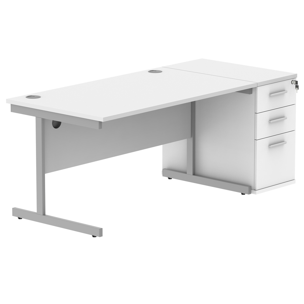 Single Upright Rectangular Desk + Desk High Pedestal (FSC) | 1400 X 800 | Arctic White/Silver