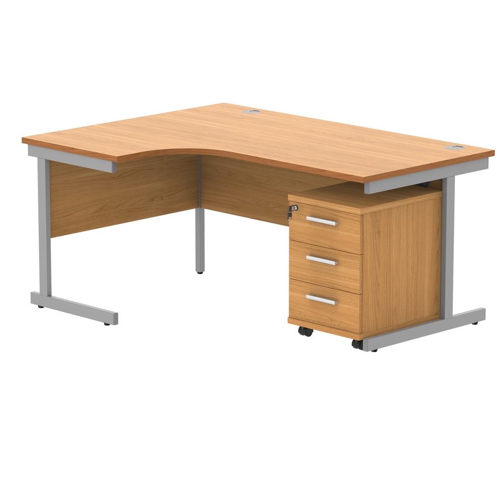 Single Upright Left Hand Radial Desk + 3 Drawer Mobile Under Desk Pedestal (FSC) | 1600 X 1200 | Norwegian Beech/Silver