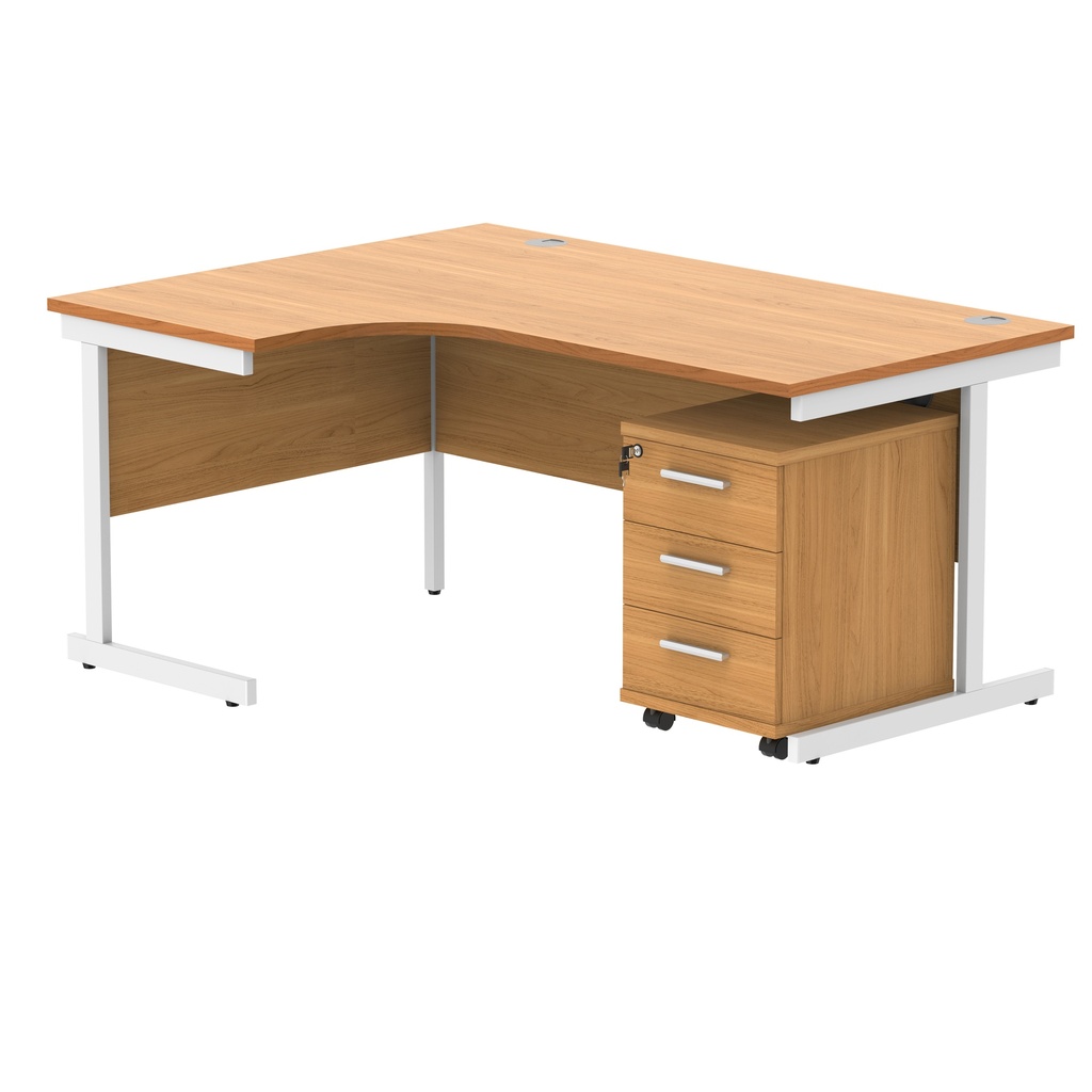 Single Upright Left Hand Radial Desk + 3 Drawer Mobile Under Desk Pedestal (FSC) | 1600 X 1200 | Norwegian Beech/White