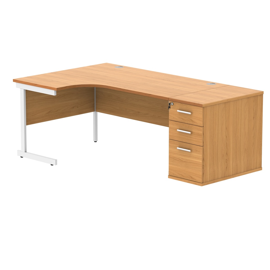 Single Upright Left Hand Radial Desk + Desk High Pedestal (FSC) | 800mm Deep Pedestal | 1600 X 1200 | Norwegian Beech/White