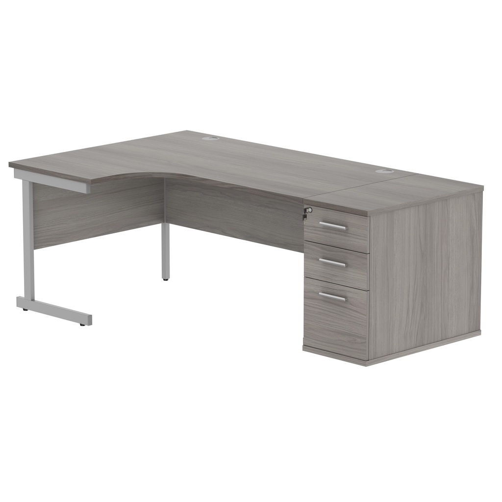 Single Upright Left Hand Radial Desk + Desk High Pedestal (FSC) | 800mm Deep Pedestal | 1600 X 1200 | Alaskan Grey Oak/Silver