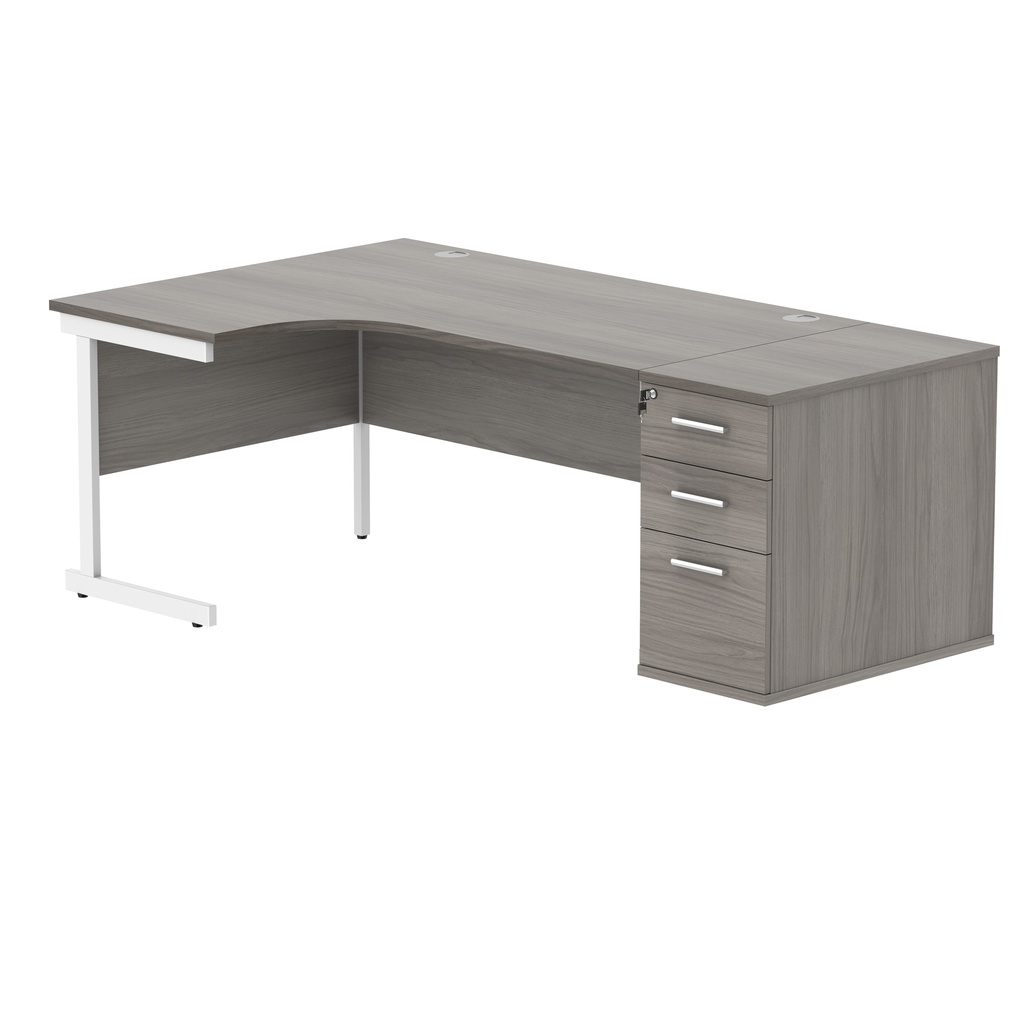 Single Upright Left Hand Radial Desk + Desk High Pedestal (FSC) | 800mm Deep Pedestal | 1600 X 1200 | Alaskan Grey Oak/White