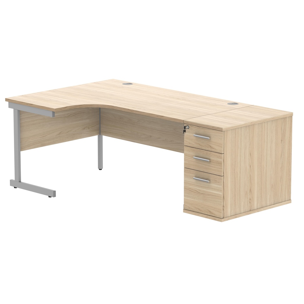 Single Upright Left Hand Radial Desk + Desk High Pedestal (FSC) | 800mm Deep Pedestal | 1600 X 1200 | Canadian Oak/Silver