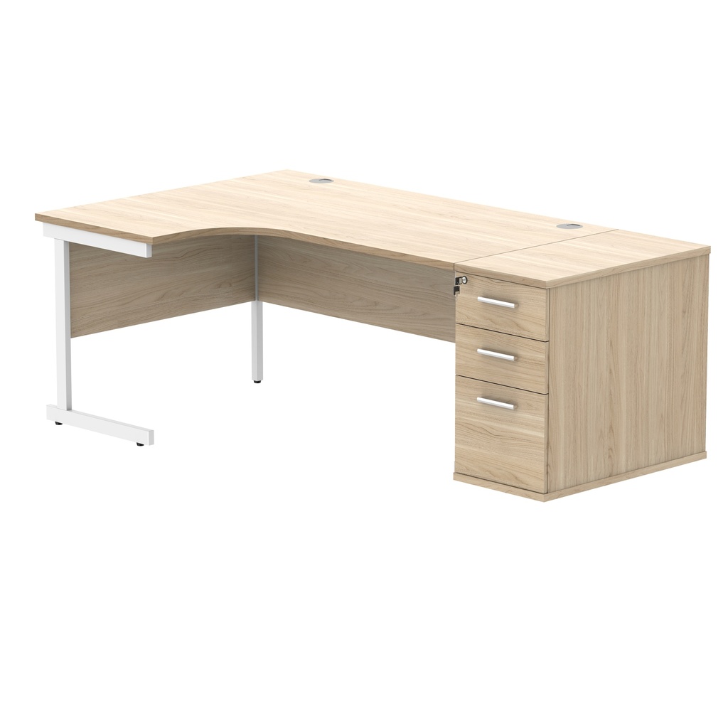 Single Upright Left Hand Radial Desk + Desk High Pedestal (FSC) | 800mm Deep Pedestal | 1600 X 1200 | Canadian Oak/White