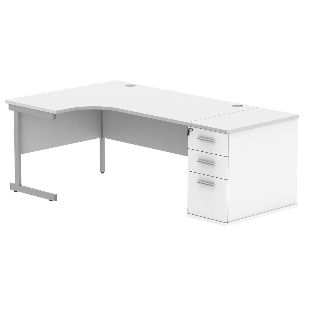 Single Upright Left Hand Radial Desk + Desk High Pedestal (FSC) | 800mm Deep Pedestal | 1600 X 1200 | Arctic White/Silver