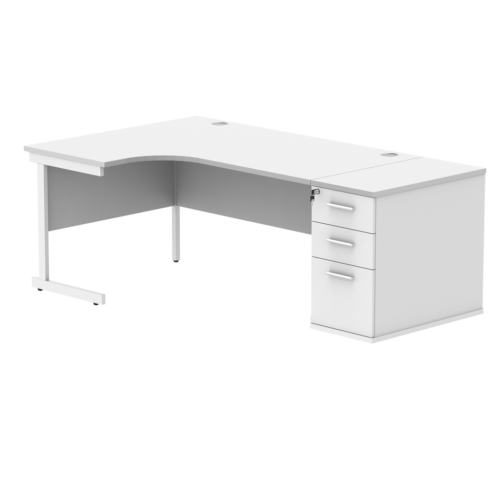 Single Upright Left Hand Radial Desk + Desk High Pedestal (FSC) | 800mm Deep Pedestal | 1600 X 1200 | Arctic White/White