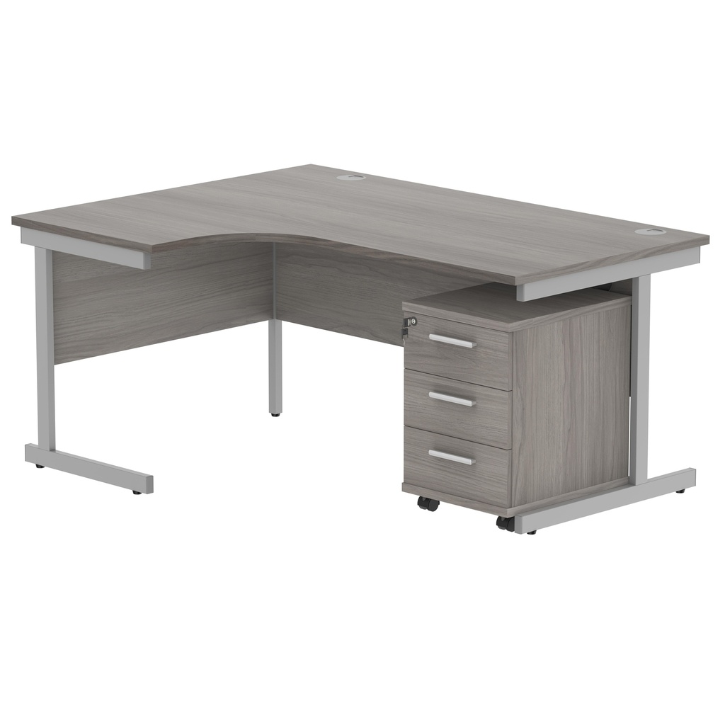 Single Upright Left Hand Radial Desk + 3 Drawer Mobile Under Desk Pedestal (FSC) | 1600 X 1200 | Alaskan Grey Oak/Silver