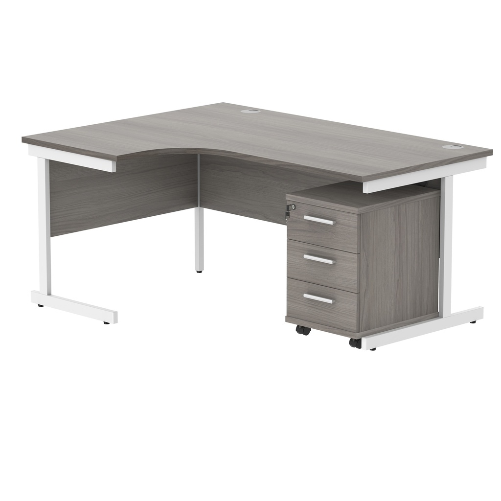 Single Upright Left Hand Radial Desk + 3 Drawer Mobile Under Desk Pedestal (FSC) | 1600 X 1200 | Alaskan Grey Oak/White